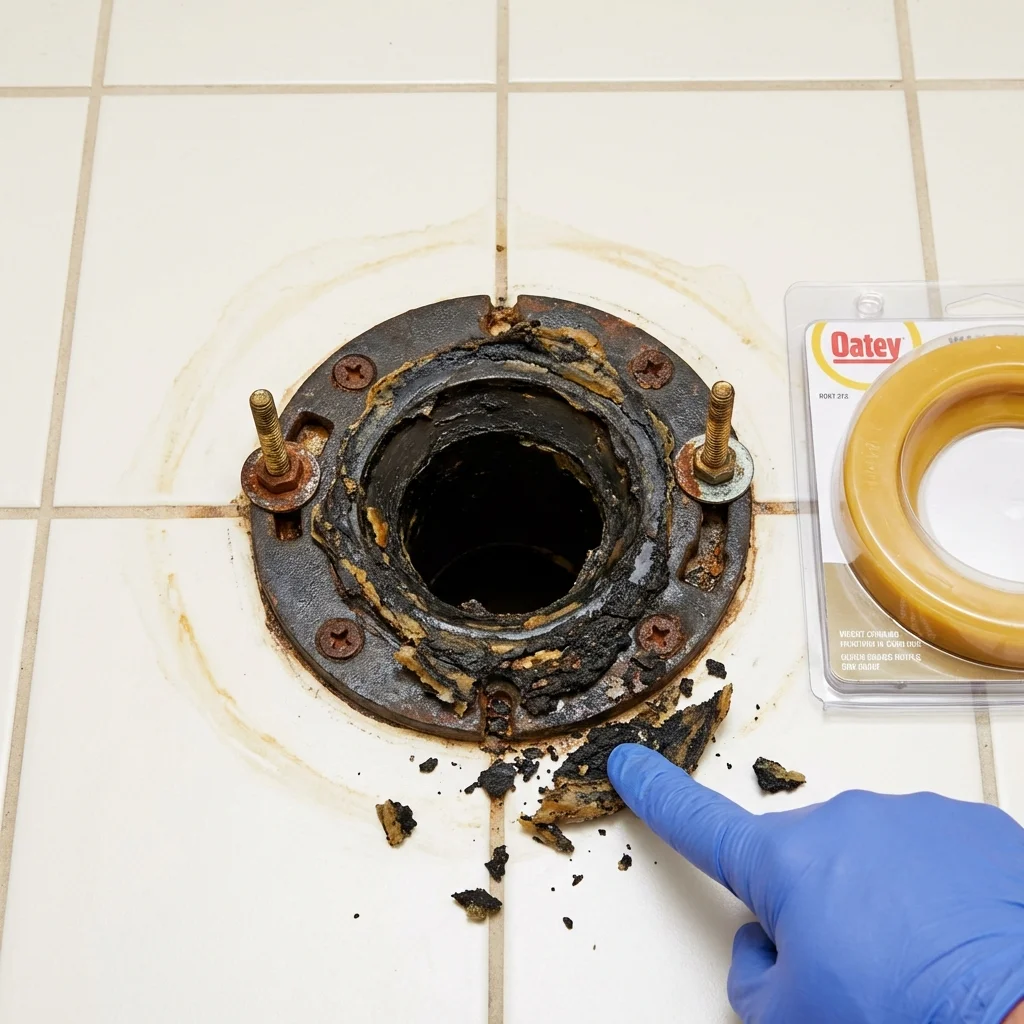 Failed wax ring showing water seepage at the base of a toilet in a Fairfield, NJ home