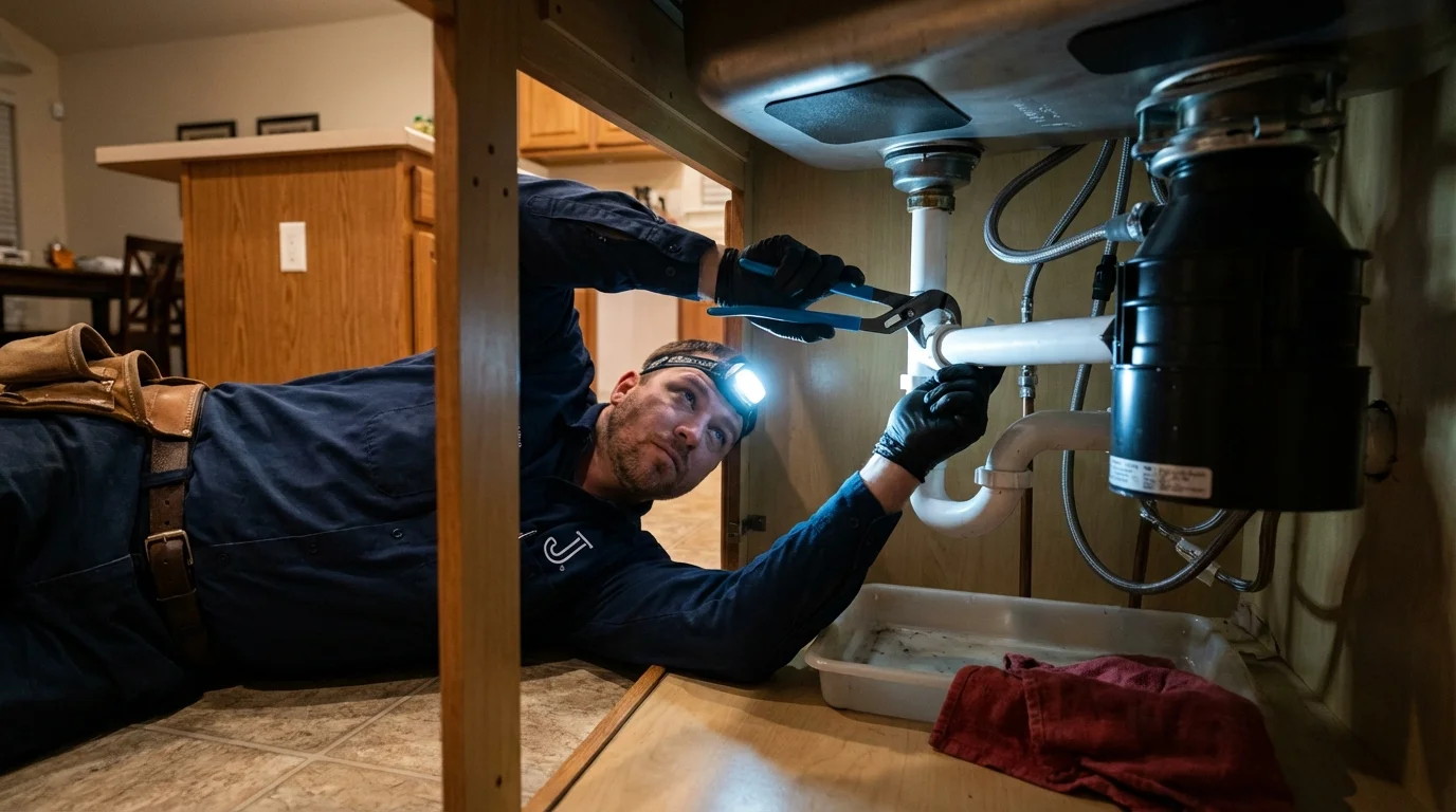 P-trap and supply line connections under a kitchen sink showing a common leak point in Fairfield, NJ